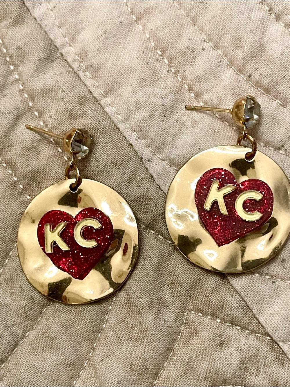 Gold Drop Earrings with Red Heart KC Accent - Picture 8 of 13